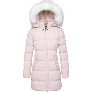 Women's Pink Winter Puffer Coat Warm Removable Hood Jacket